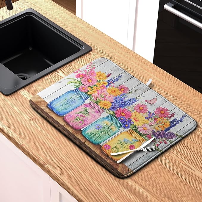Daisy Dish Drying Mat for Kitchen Counter Spring Summer Flowers Vases Dishes - Image 6