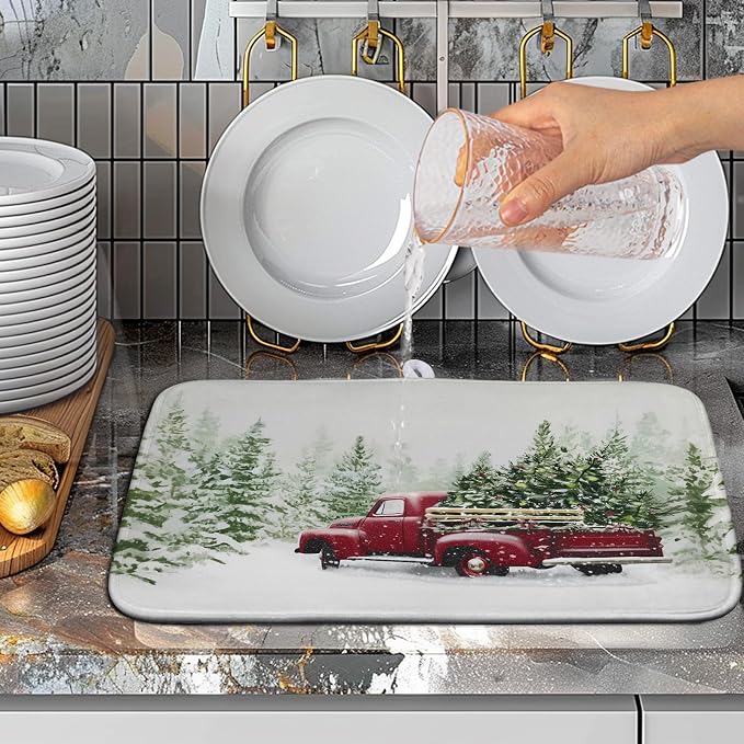 Christmas Dish Drying Mat Red Truck Xmas Tree Drying Mats - Image 5