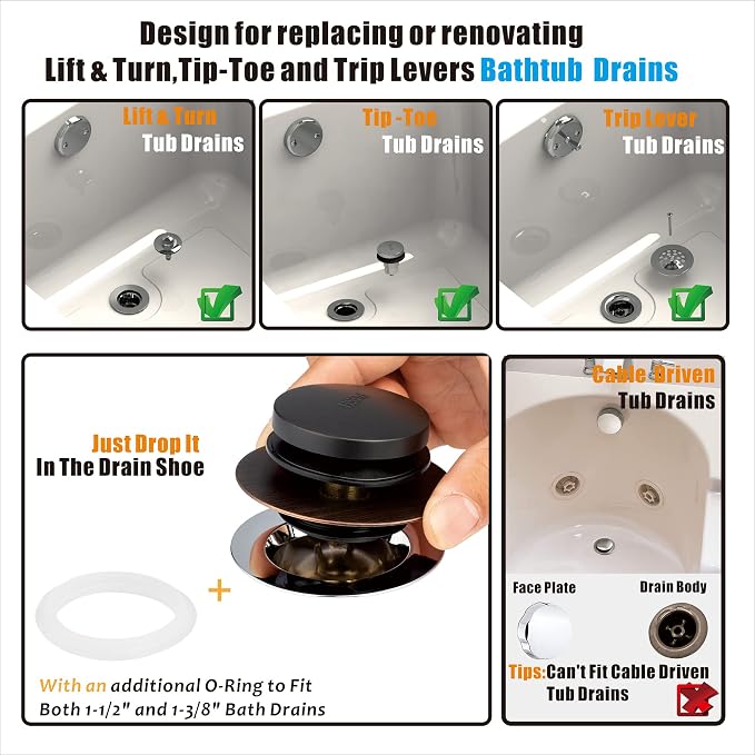 Artiwell Universal Tip Toe Bath Drain Stopper and Cover, Bathtub Drain Stopper - Image 2