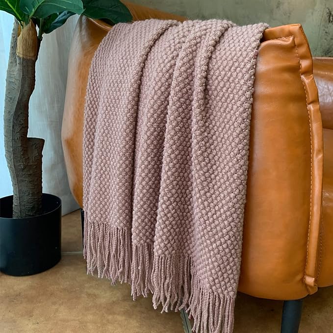 LOMAO Knitted Throw Blanket with Tassels Bubble Textured Lightweight Throws for Couch Cover Home Decor (Brownish Pink, 60x80)