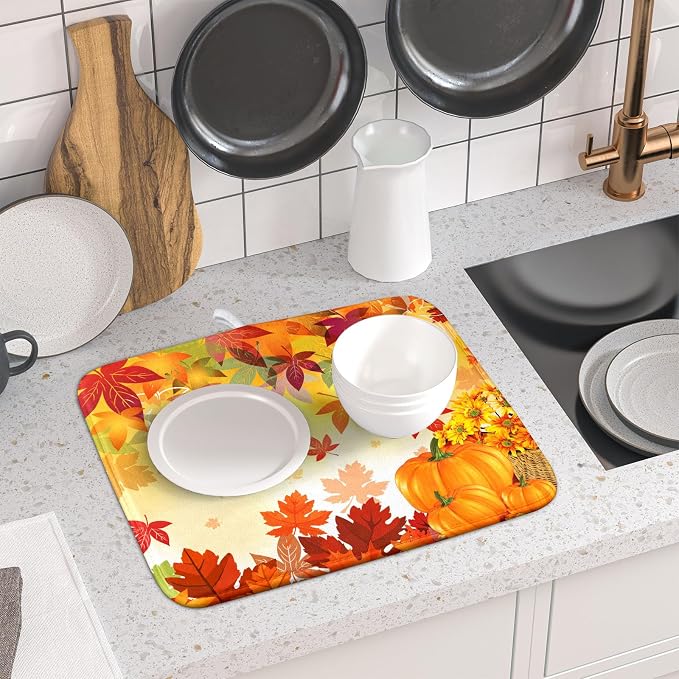 Autumn Fall Dish Drying Mat for Kitchen Counter Pumpkin Maple Leaves Drying Mat - Image 6
