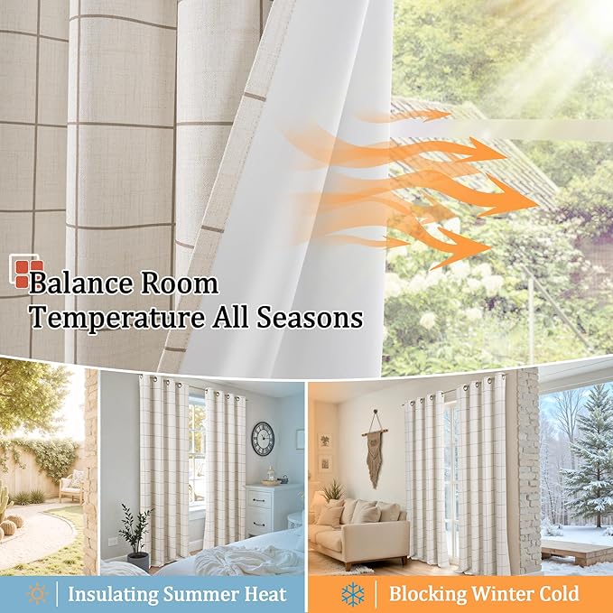 Brown Plaid Patterned Curtains Thermal Insulated - 96 Inches Extra Long Total Linen Blackout Curtains for Living Room, Boho Drapery for Farmhouse Bedroom 52x96 Inch 2 Panels