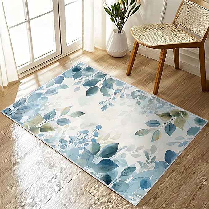 2x3 Botanical Leaf Entryway Area Rug Blue White Leaves Bathroom Rug Non Slip Machine Washable Low Pile Small Carpet Kitchen Bedroom Door Mat Entrance