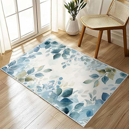 2x3 Botanical Leaf Entryway Area Rug Blue White Leaves Bathroom Rug Non Slip Machine Washable Low Pile Small Carpet Kitchen Bedroom Door Mat Entrance