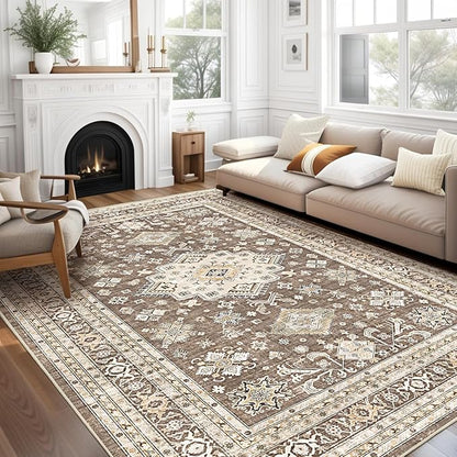 Vintage Living Room Area Rug 9x12 - Large Soft Washable Oriental Traditional Distressed Farmhouse Rugs for Bedroom - Indoor Floor Accent Carpet for Home Office House Decor - Dark Brown