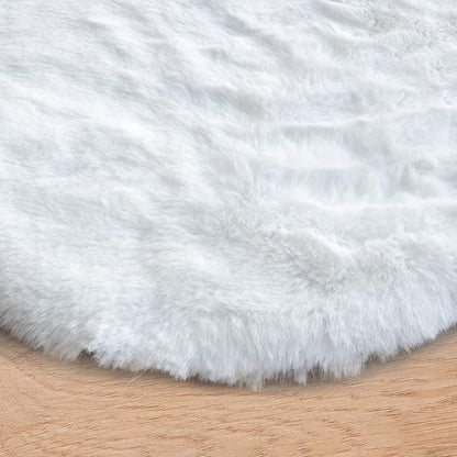 White Shag Round Rugs 8ft for Dining Room Table Faux Bunny Machine Washable Fur Area Rugs for Bedroom Living Room Nursery Circle Rug