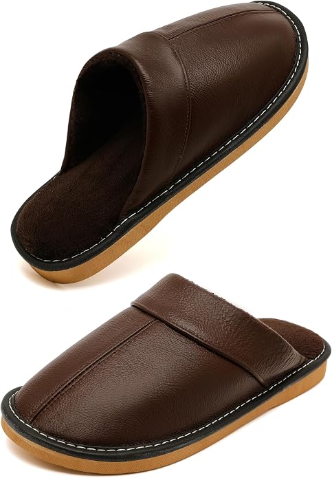 Slippers for Women Men, Genuine Leather Slippers Indoor Outdoor, Fuzzy Bedroom by Kiemorgy