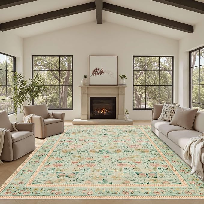 Floral Rug for Living Room Bedroom, 8x10 Washable Rug, Large Non Slip Low Pile by Rugxara