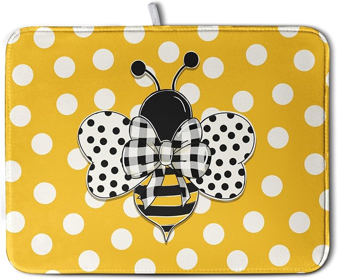 Bee Dish Drying Mat for Kitchen Counter 18x24 Inch Yellow Bumblebee Polka Dots by Kwlegh