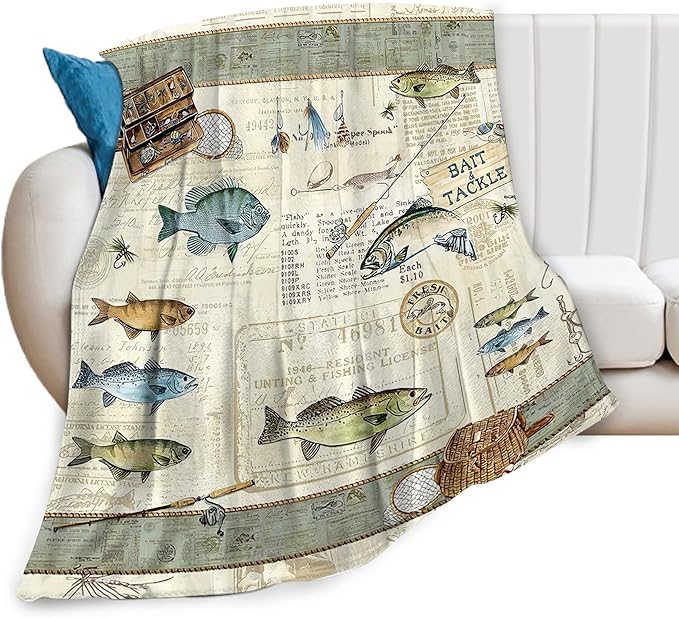 Fishing Blanket Gifts for Men and Kids - Soft Warm Cozy Fleece Throw for Adults - Fish Theme Couch Sofa Bed Cover 40"x50"