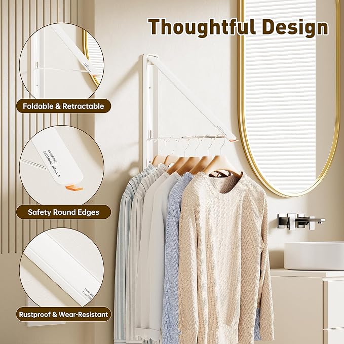 Clothes Drying Rack, Laundry Room Wall Mounted Retractable Clothes Hanger - Image 2