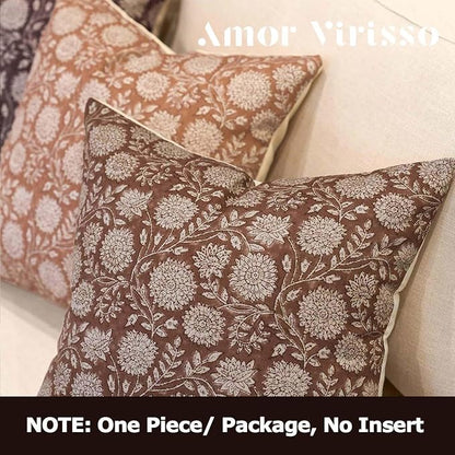 Amor Virisso Floral Pillow Covers 18x18 Throw Pillow Covers Vintage Block Print Pillow Cover Neutral Couch Pillows for Living Room Farmhouse Decorative Accent Sofa Pillows, Brown