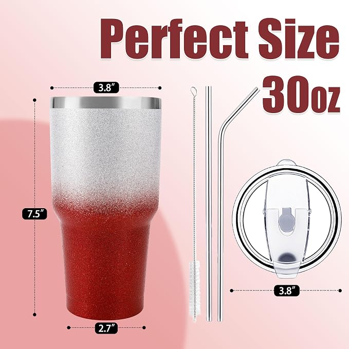 D·S 30 oz Tumbler Christmas Red Glitter Gradient Cup Stainless Steel Double - Image 2