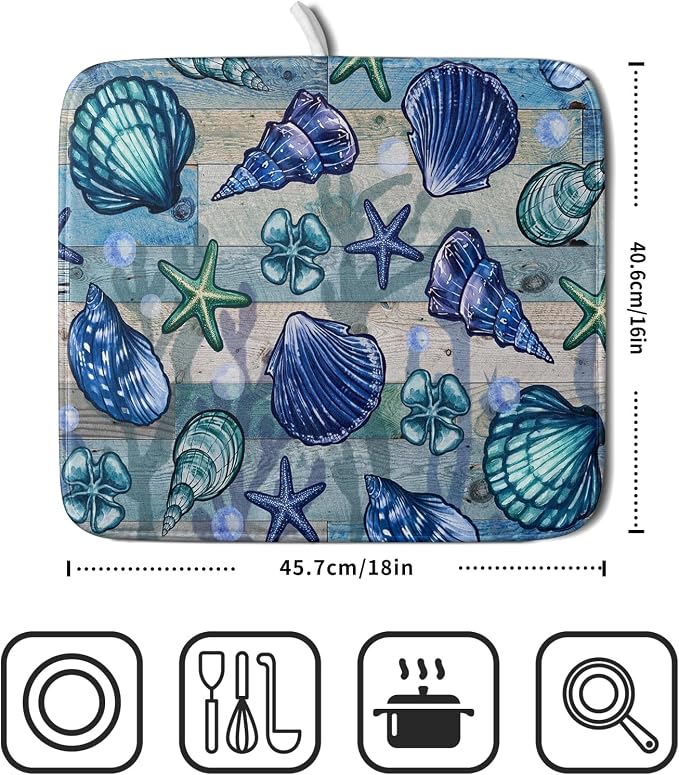 Starfish Seashell Dish Drying Mat 16x18 inch Coastal Beach Dish Drainer Rack - Image 2