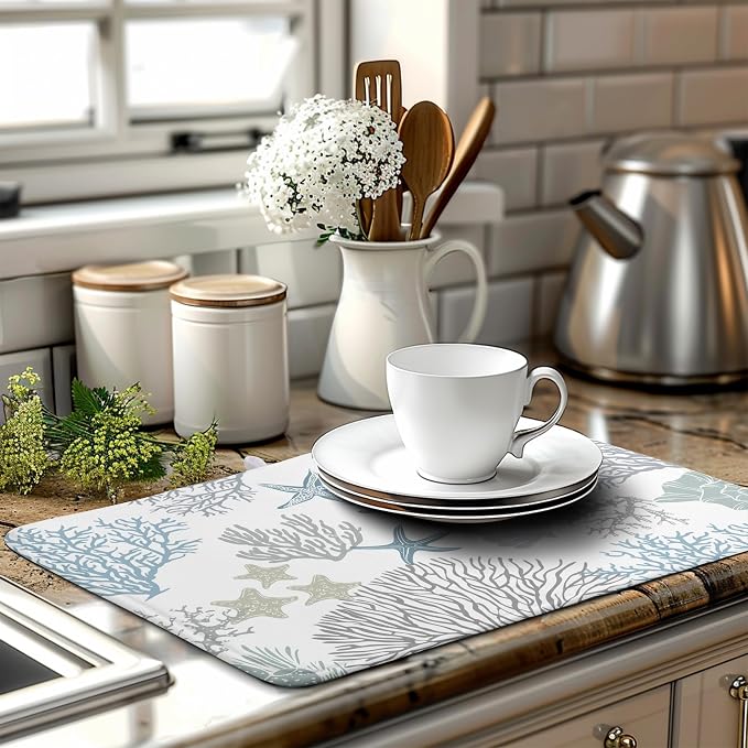 Coastal Dish Drying Mats for Kitchen Counter 18 x 24 Inch Summer Beach Drying - Image 2