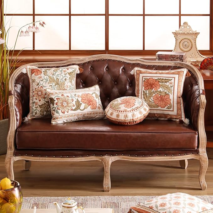 Throw Pillow Covers Pack of 2,Orange Floral Farmhouse with Wild Flowers Pattern Cozy Velvet Pillowcases,Decoration Round Pillows Cushion Covers for Couch Sofa Bed Car Chair,Diameter 16"