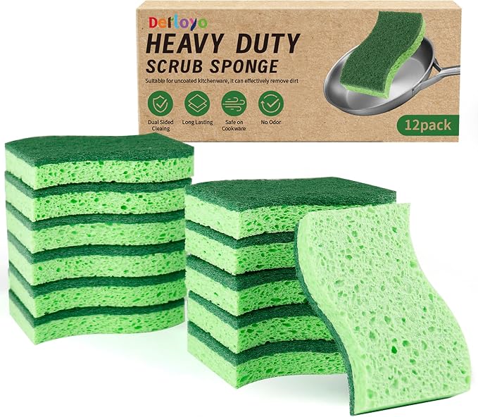 12 Count Heavy Duty Scrub Sponges, Long Lasting Cleaning Sponges by Derloyo