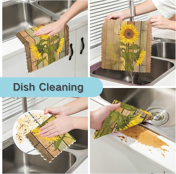 ALAZA Dish Towels Kitchen Cleaning Cloths Sunflower On Wooden Board Vintage - Image 2