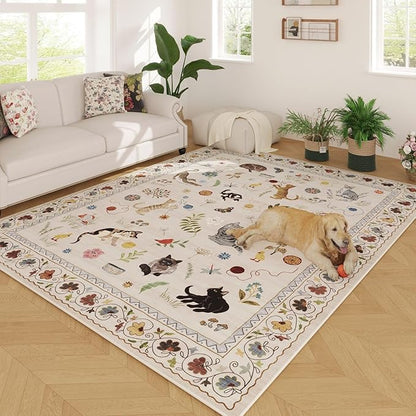 Rugcomf Area Rugs 8x10 Rug for Living Room Clearance Washable Boho Area Rug Non Slip Floral Animal Cat Vintage Low Pile Large Rug for Living Room Bedroom Farmhouse Dining Room Kids Playroom, Beige