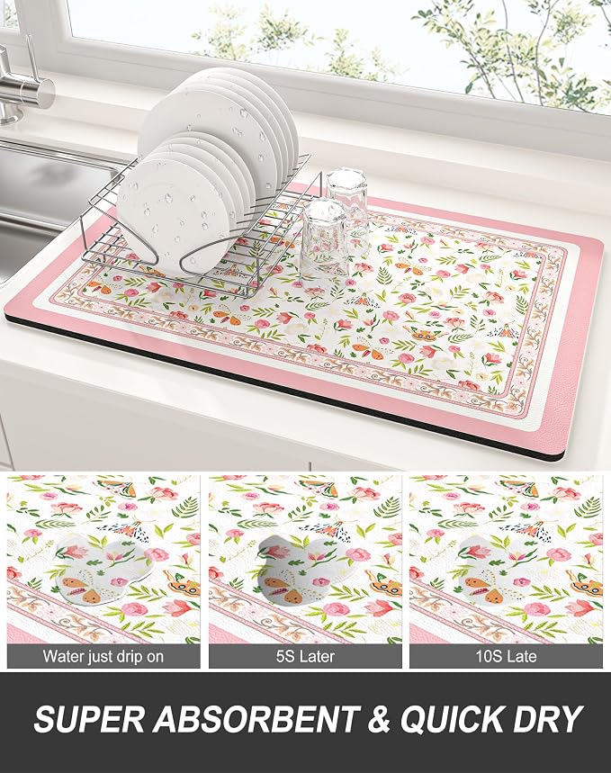Rnivvi Dish Drying Mat for Kitchen Counter, XL 15 x 24" Cute Flower Theme - Image 3