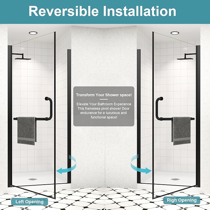 Frameless Pivot Shower Door 32"-34" Wx72 H, 1/4" Clear Nano Coated Tempered - Image 8