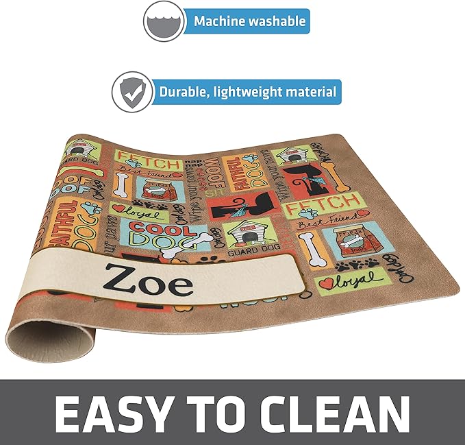 Drymate Personalized Pet Bowl Placemat, Custom Dog & Cat Food Feeding Mat - Absorbent Fabric, Waterproof Backing - Machine Washable/Durable (USA Made) (12" x 20") (Cool Dog - Brown)
