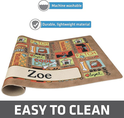 Drymate Personalized Pet Bowl Placemat, Custom Dog & Cat Food Feeding Mat - Absorbent Fabric, Waterproof Backing - Machine Washable/Durable (USA Made) (12" x 20") (Cool Dog - Brown)