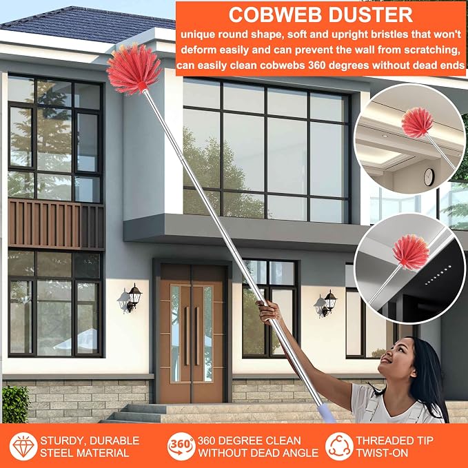 Cobweb Duster with Extension Pole, Washable Duster with Medium-Stiff Bristles - Image 7