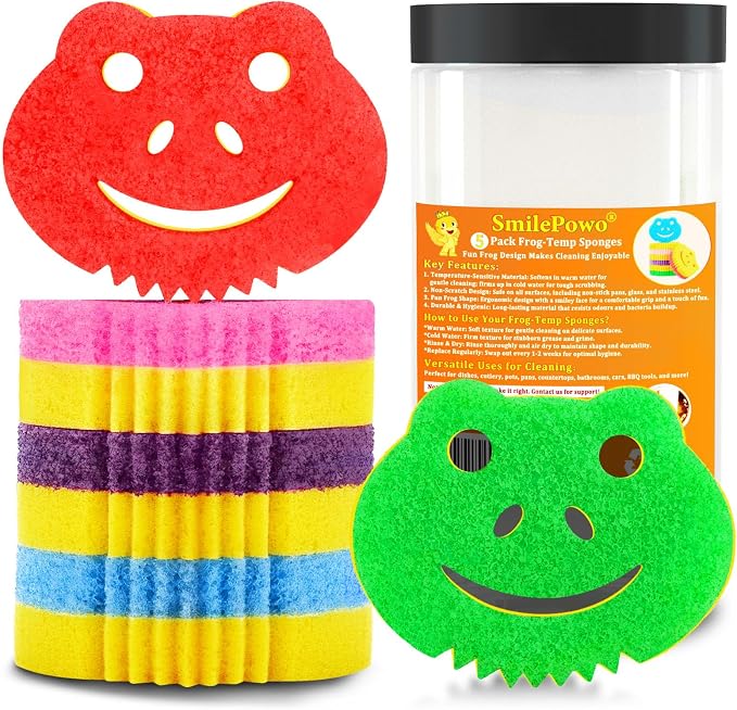 SmilePowo 5 Pack Frog Dual-Sided Multi-Functional Scrub Sponge, Dual-Sided by SmilePowo