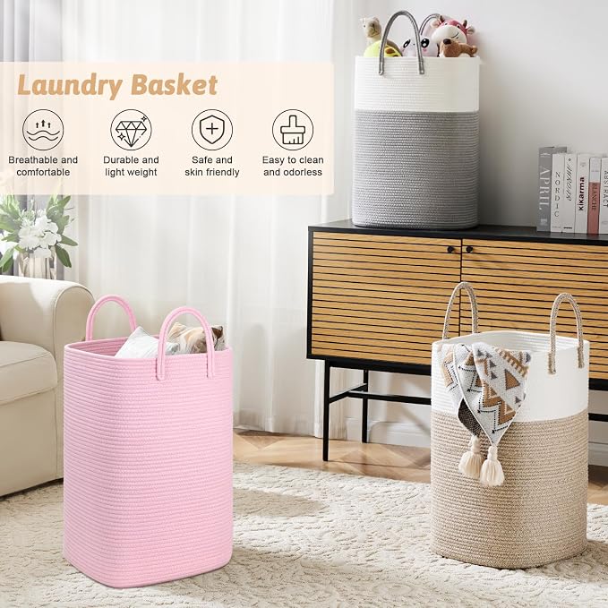 Laundry Basket, Woven Cotton Rope Laundry Hamper, 60L Versatile Storage - Image 4