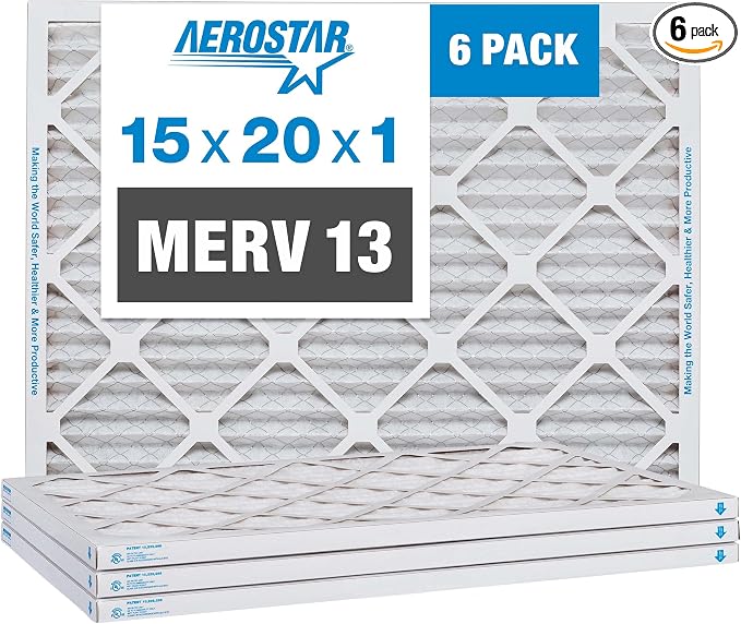 Aerostar 15x20x1 MERV 13 Pleated Air Filter, AC Furnace Air Filter, 6 Pack by AirFiltersDelivered