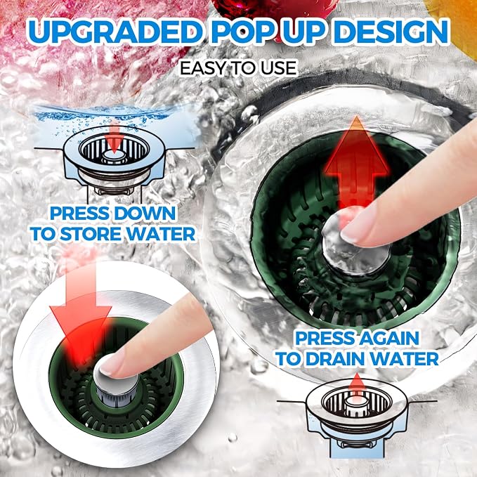 Upgraded 3in1 Kitchen Sink Drain Strainer & Sink Stopper, Stainless Steel - Image 3