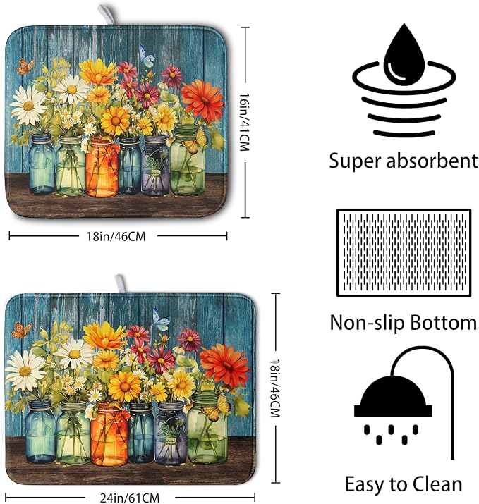 Daisy Dish Drying Mat for Kitchen Counter 16x18 Inch Rustic Vintage Flower - Image 2