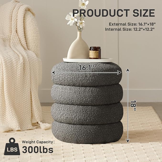 Round Ottoman with Storage Boucle Ottoman Stool Removable Lid - Image 3