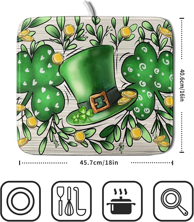 St Patrick's Day Shamrock Dish Drying Mat 16x18 inch Eucalyptus Leaves Dishes - Image 2