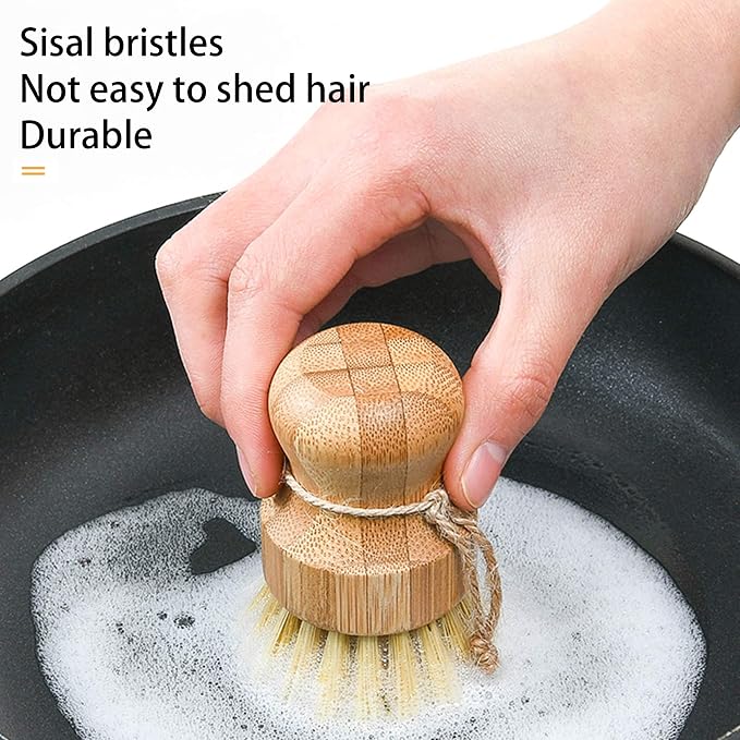 Natural Sisal Dish Washing Brush Bamboo Round Scrub Brush Pots Pans Vegetables - Image 3