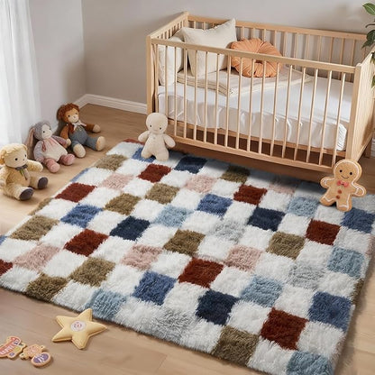 Ophanie Checkered Rainbow Rug for Living Room Bedroom, Colorful Fluffy Soft Cute Fuzzy Area Rugs, Shag Plush Shaggy Bedside Floor 4x6 Furry Carpet for Kids Baby Teen Dorm Nursery Home Decor Aesthetic