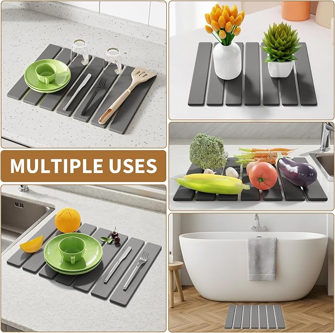 Stone Dish Drying Mat for Kitchen Counter, 15.5''x11.8'' Foldable Quick Dry - Image 7