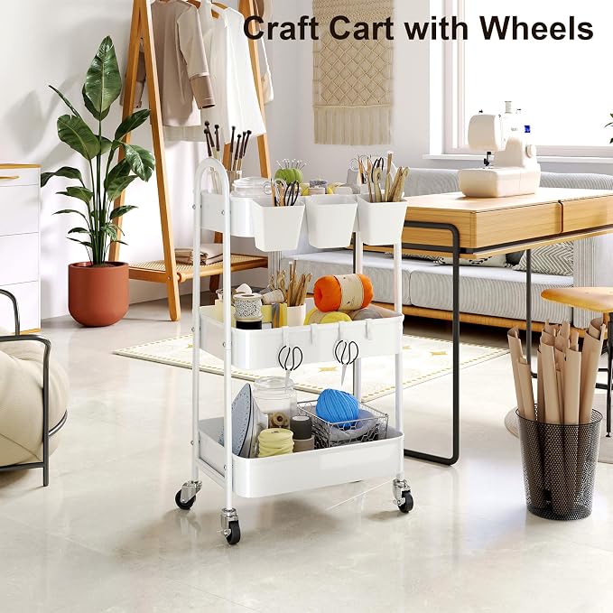 3 Tier Heavy Duty White Metal Rolling Cart - Image 3