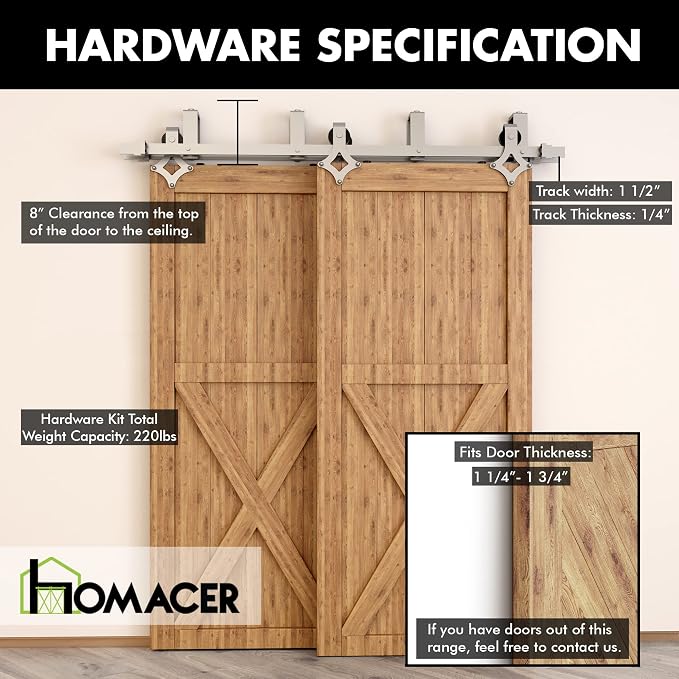 Homacer Brushed Nickel Double Track U-Shape Bypass Sliding Barn Door Hardware - Image 5