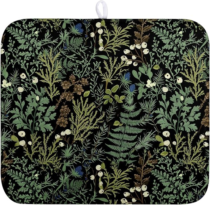 Dish Drying Mat for Kitchen Counter Vintage Green Plant Fern Leaves Floral by Wnoesat