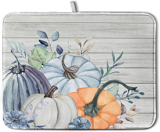 Fall Blue Orange Grey Pumpkin Kitchen Dish Drying Mat by Kwlegh