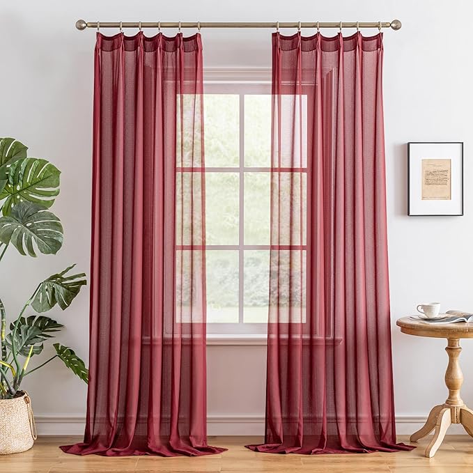 MAIHER 120 Inches Long Pinch Pleat Sheer Curtains for Living Room Ceiling to Floor Light Filtering Pleated Drapes with Adjustable Hooks Soft Touch 10ft Curtains, Burgundy, 42" W x 120" L, 2 Panels