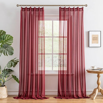 MAIHER 120 Inches Long Pinch Pleat Sheer Curtains for Living Room Ceiling to Floor Light Filtering Pleated Drapes with Adjustable Hooks Soft Touch 10ft Curtains, Burgundy, 42" W x 120" L, 2 Panels