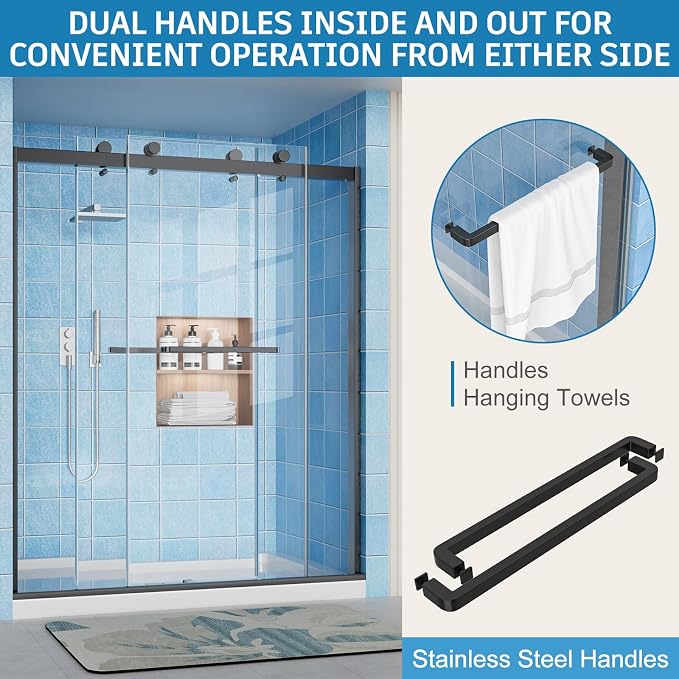 Frameless Shower Door, 56-60" W x 72" H Double Sliding Shower Doors, 1/4" Thick - Image 3