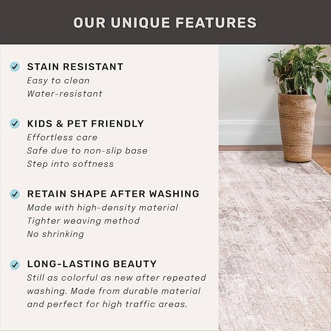 Modern Washable Bedroom Area Rug 5x8, Abstract Rugs for Living Room, Dining Room, Kids Room Girls, Pink and Grey Distressed Medallion Pattern, Non Slip Low Pile Stain Resistent