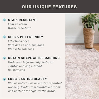 Modern Washable Bedroom Area Rug 5x8, Abstract Rugs for Living Room, Dining Room, Kids Room Girls, Pink and Grey Distressed Medallion Pattern, Non Slip Low Pile Stain Resistent