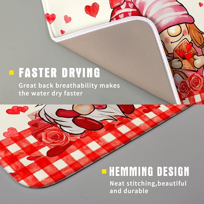 Love Gnome Dish Drying Mat 16"x18" Red Heart Microfiber Dish Drainer Rack Mat - Image 3