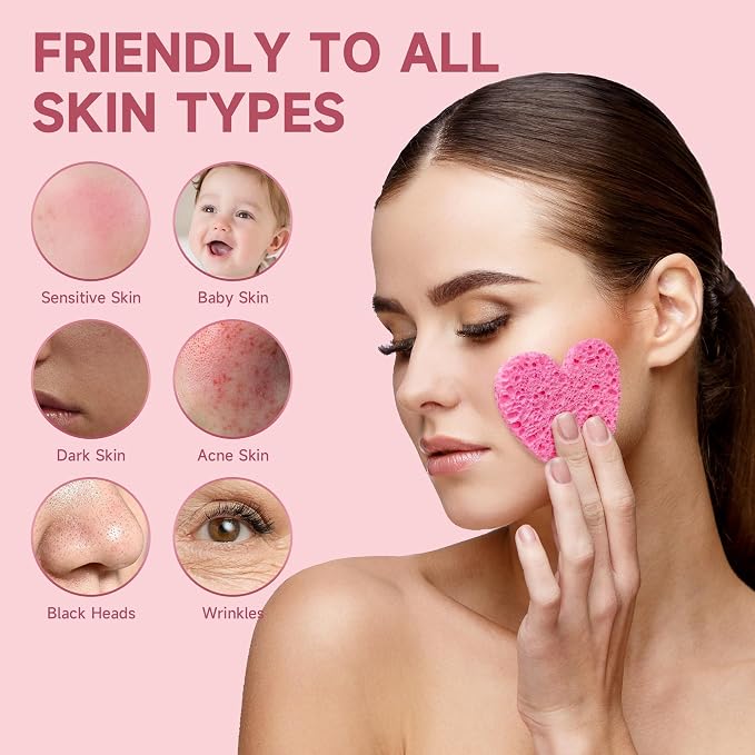 100 Count Compressed Pink Heart Facial Sponges 100% Natural Cellulose - Image 3