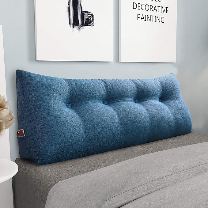 Wedge Headboard Pillow Dorm Room Reading Pillow Back Support for Sitting Up in Bed Bolster Lumbar Cushion Body Positioning Bedrest Cotton Linen 54in Blue Full